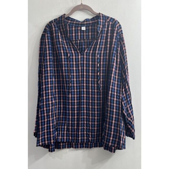 Old Navy Blouse Women XXL 2XL Blue Pink Plaid Long Sleeve Tunic V Neck Peasant - Picture 1 of 10